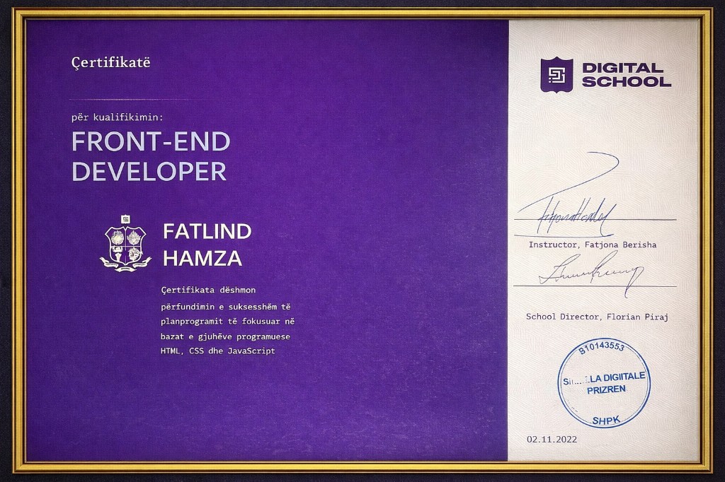Front-End Developer certificate — Shkolla Digitale