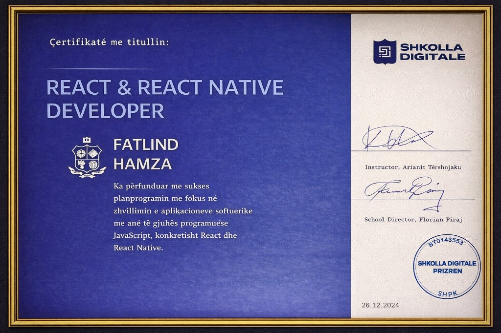 React and React Native Developer certificate — Shkolla Digitale